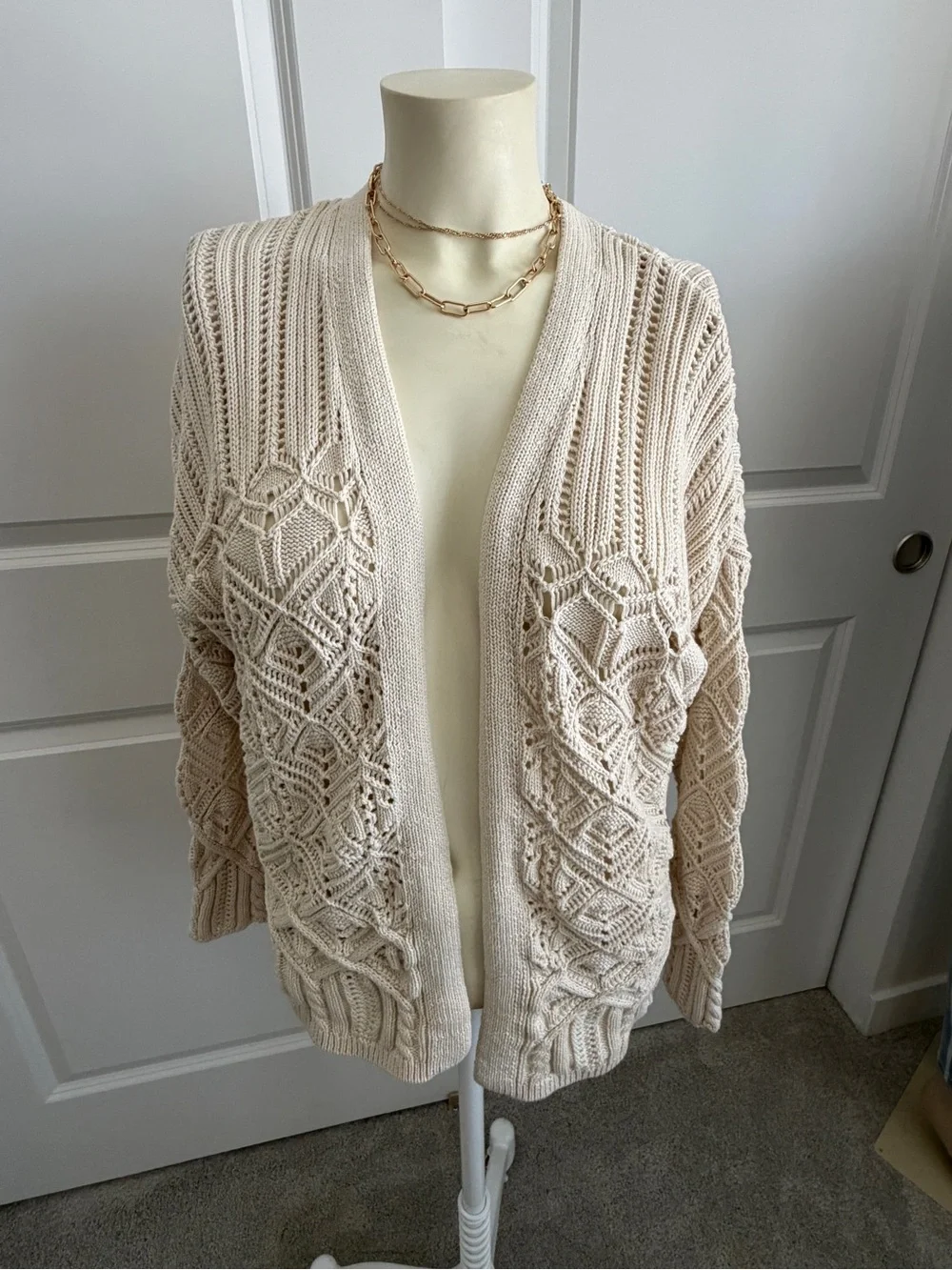 Lucky Brand Boho Mixed Stitch Crochet Cardigan Sweater Cream XS Cottagecore